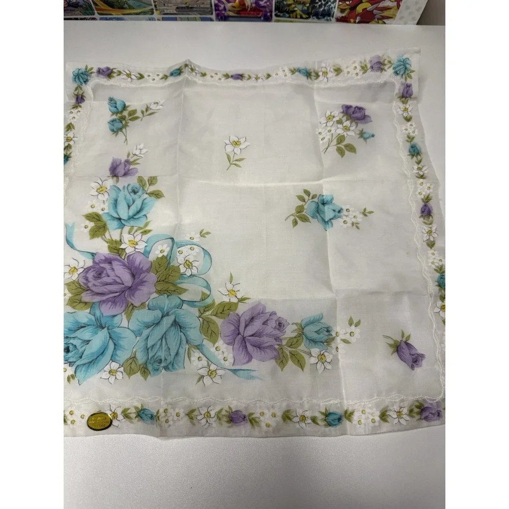 Vintage Japanese Floral Handkerchief‎ All Cotton Blue Purple Flowers 14x14